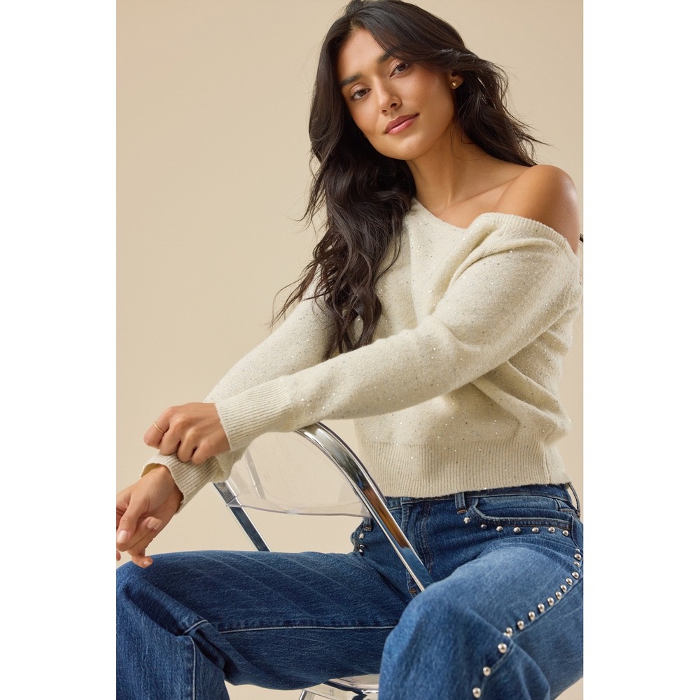 Altar'd State Cream Sequin Off The Shoulder Sparkle Sweater Size XS NWT